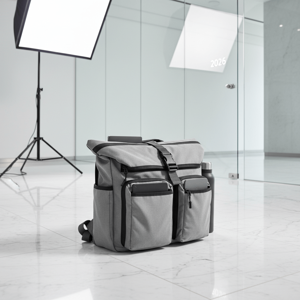 Convertible messenger bag with modular compartments in a modern office lobby.