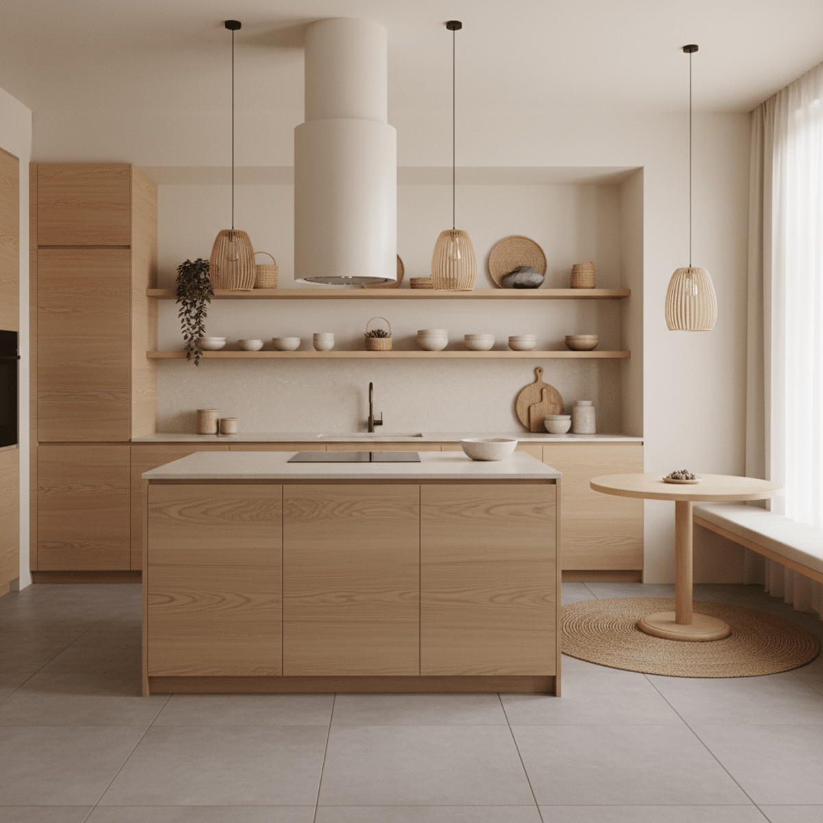 Modern Japandi kitchen with light oak cabinetry, bamboo accents, and handmade ceramic bowls.
