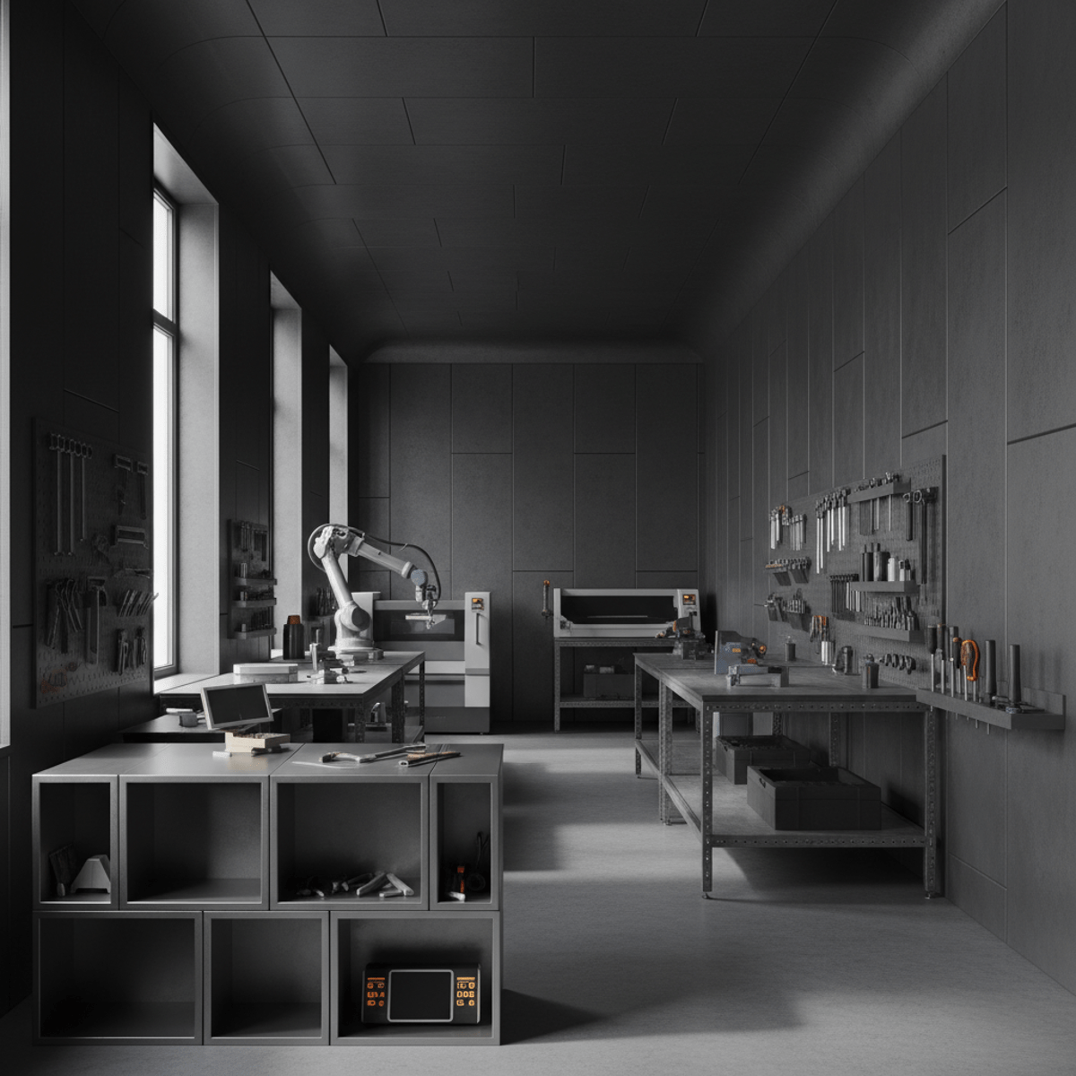 Modern metal workshop interior with dark matte rubberized roof coating and sound-dampening panels.