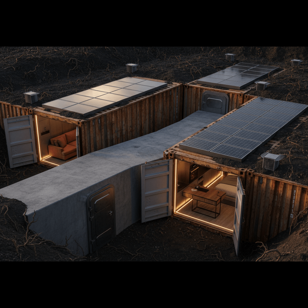 Modern underground bunker made from upcycled shipping containers with solar panels.