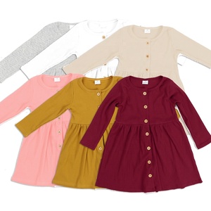 Girl clothing baby clothes long sleeves wood buttons solid mustard knit cotton ribbed kids dress
