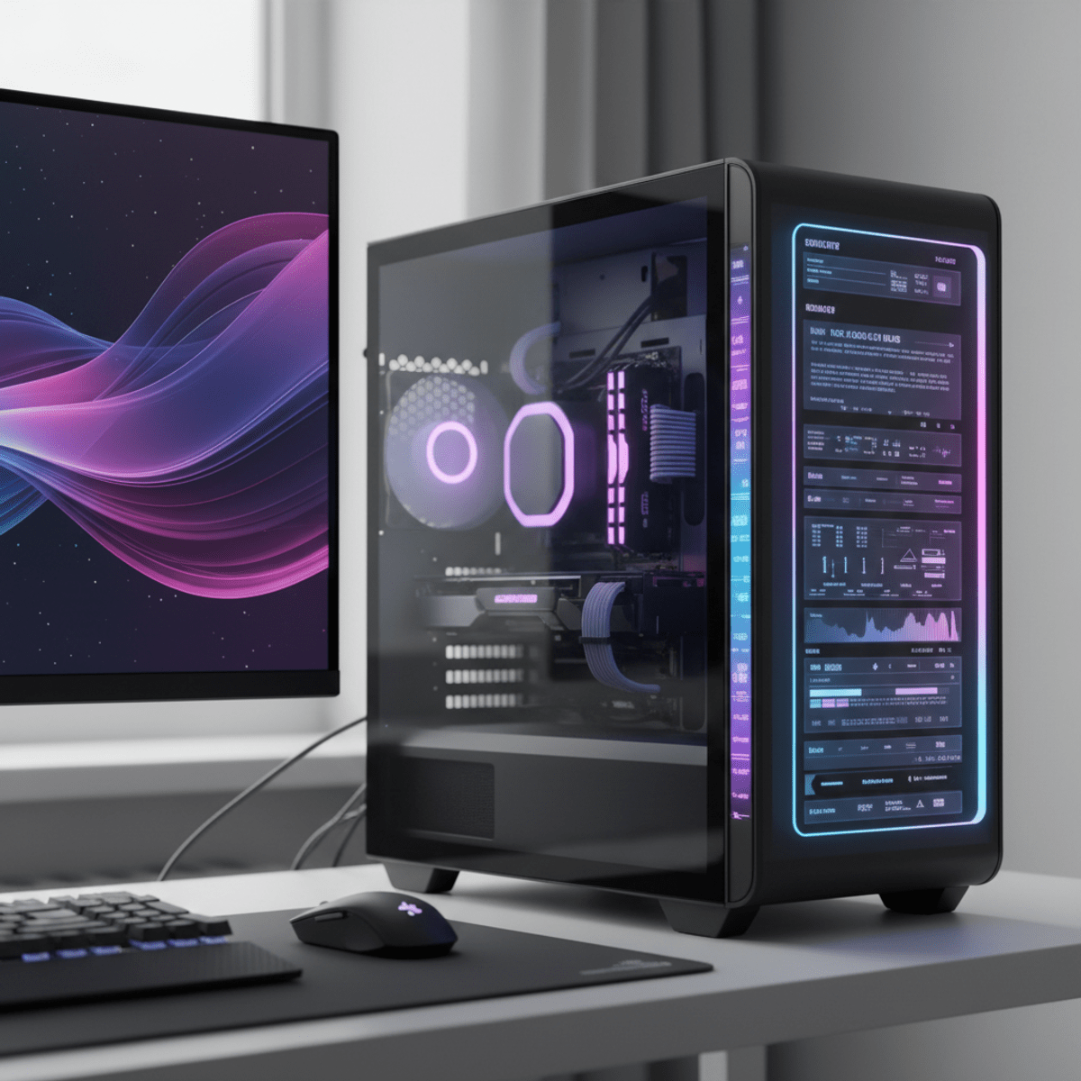 Minimalist 2026 gaming PC with integrated LCD data visualizations and frosted glass.