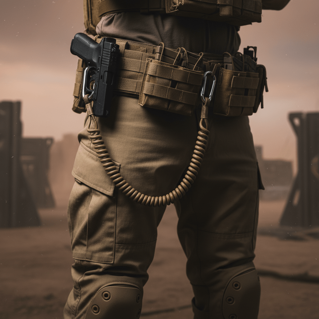 Futuristic airsoft battle belt with sidearm, tactical pouches, and elastic retention lanyard.