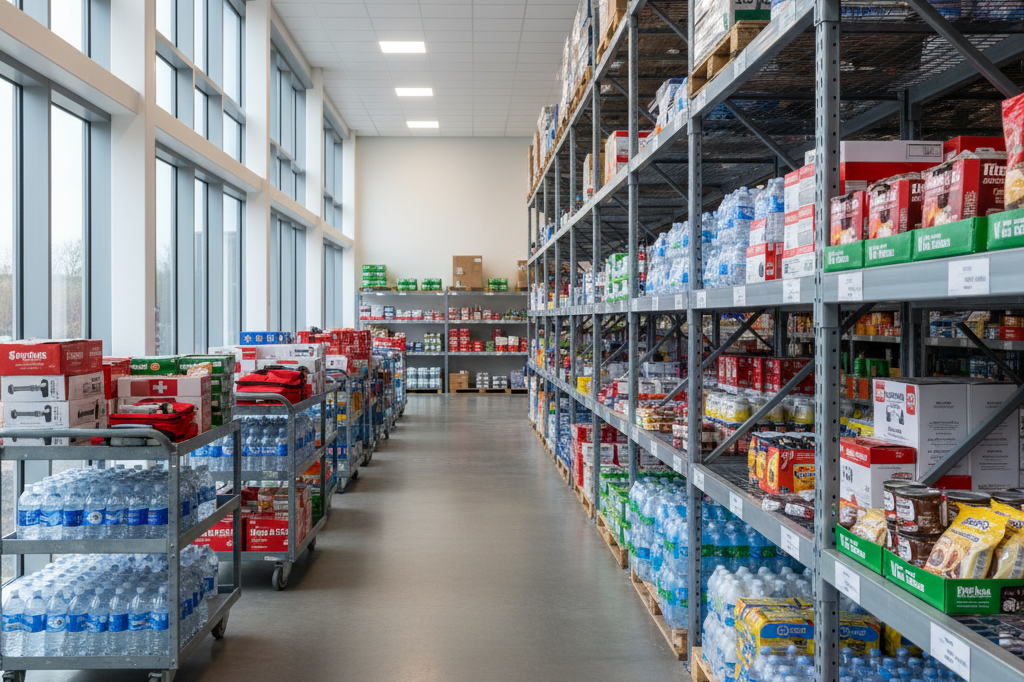 Wide shot of a warehouse stocked with emergency supplies under natural lighting, symbolizing proactive inventory management strategies