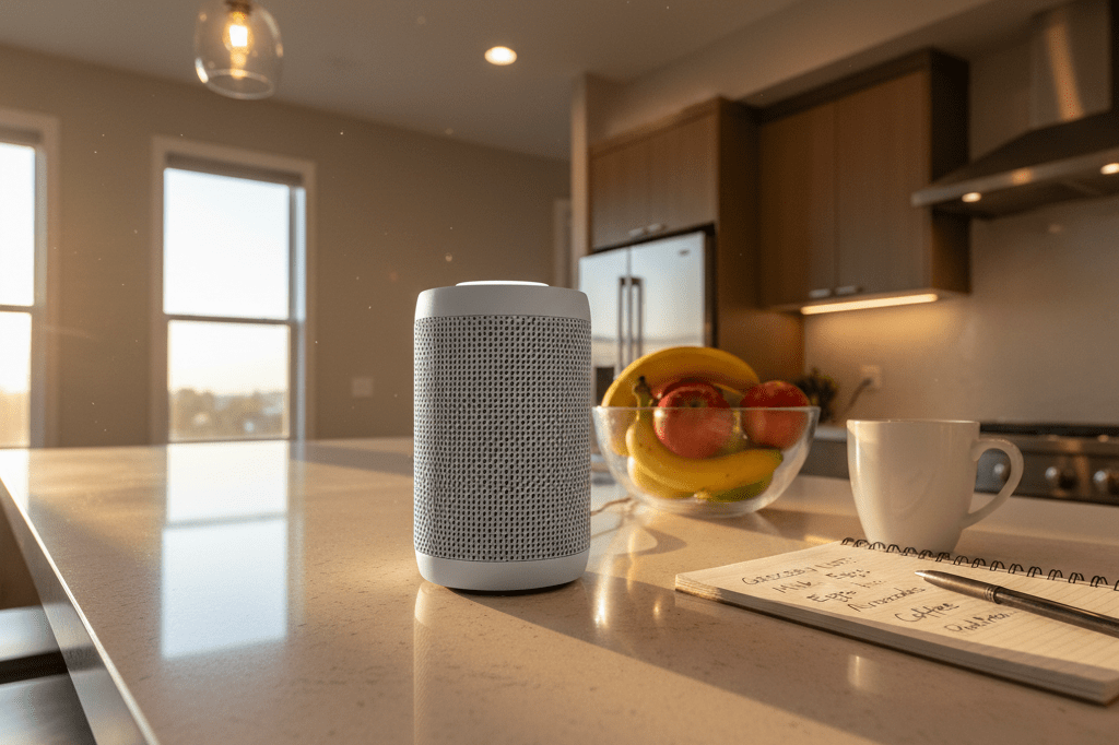 Sunlit kitchen counter displaying generic smart speaker, fruits, and handwritten notes, symbolizing seamless voice commerce integration