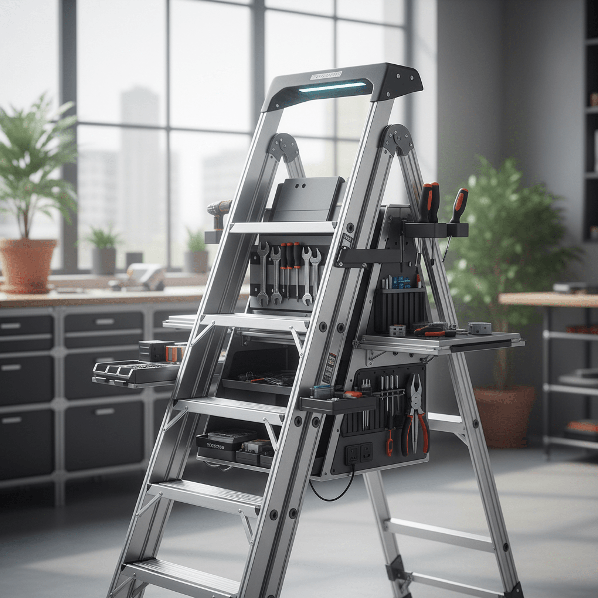 Futuristic folding ladder transformed into a mobile workstation with integrated storage and LED lights.