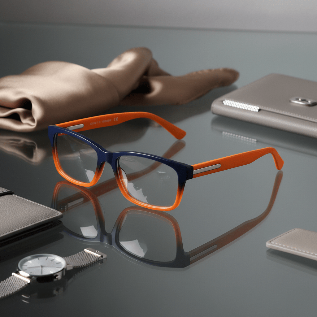 Trendy eyeglasses with navy frames and vibrant orange temples on a glass surface.
