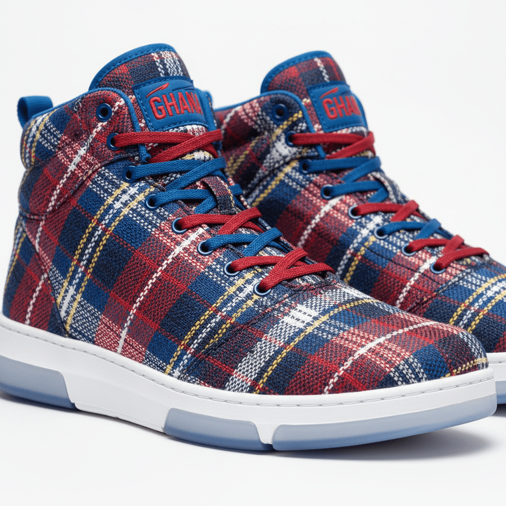 High-top sneakers with bold plaid pattern on woven polypropylene uppers.