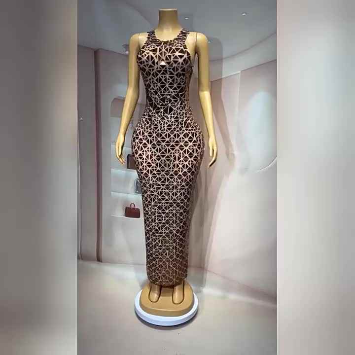 New Luxury Copper Silver Mirror Dress Women's Clothing Elegant Crystal  Beaded Dress See Through Outfit