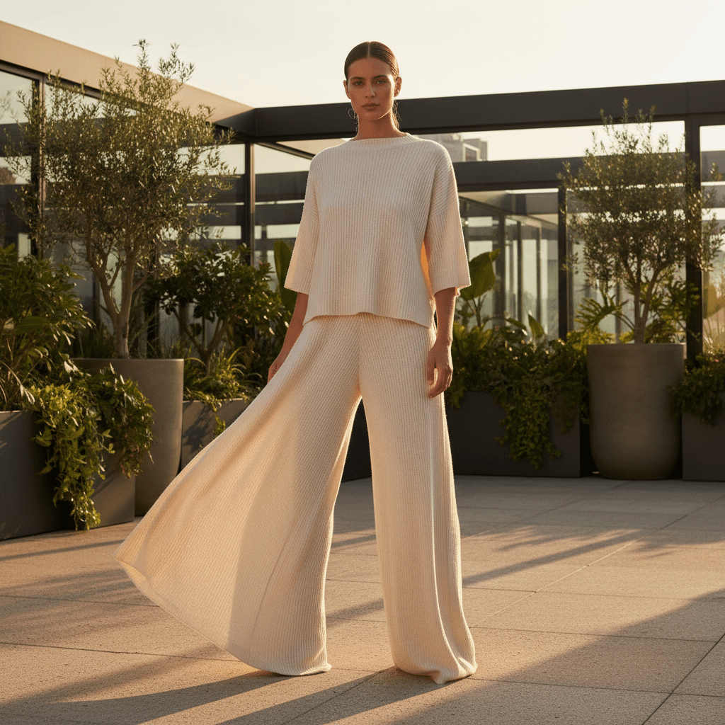 Woman in flowing palazzo set on sunlit urban terrace with architectural background.