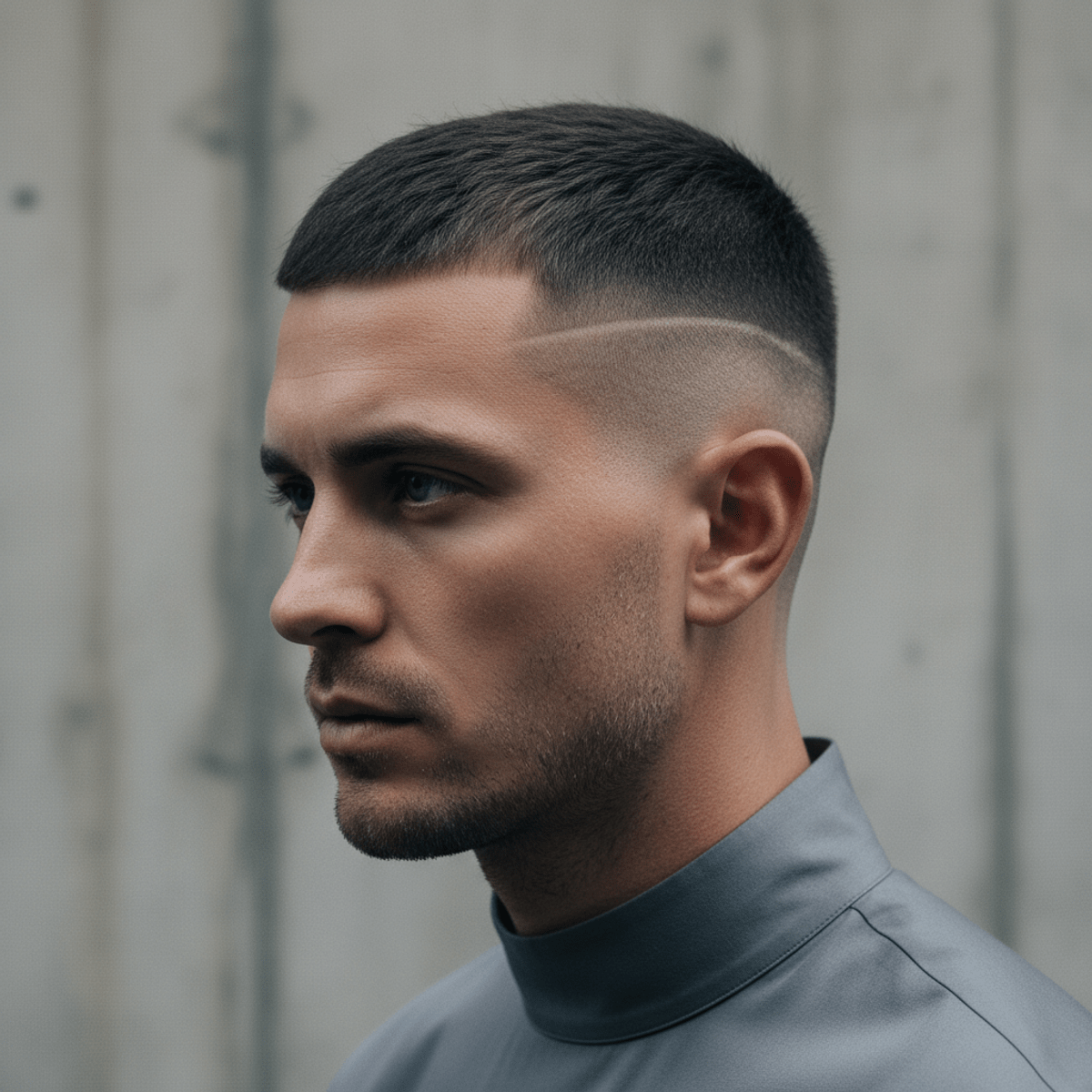 Modern buzz cut with a sharp shaved line detail. Man with a bold shaved line pattern on his buzz cut, minimalist contemporary style.