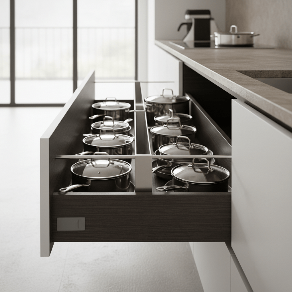 Modern kitchen drawer with organized pots, pans, and lids, featuring aluminum dividers.