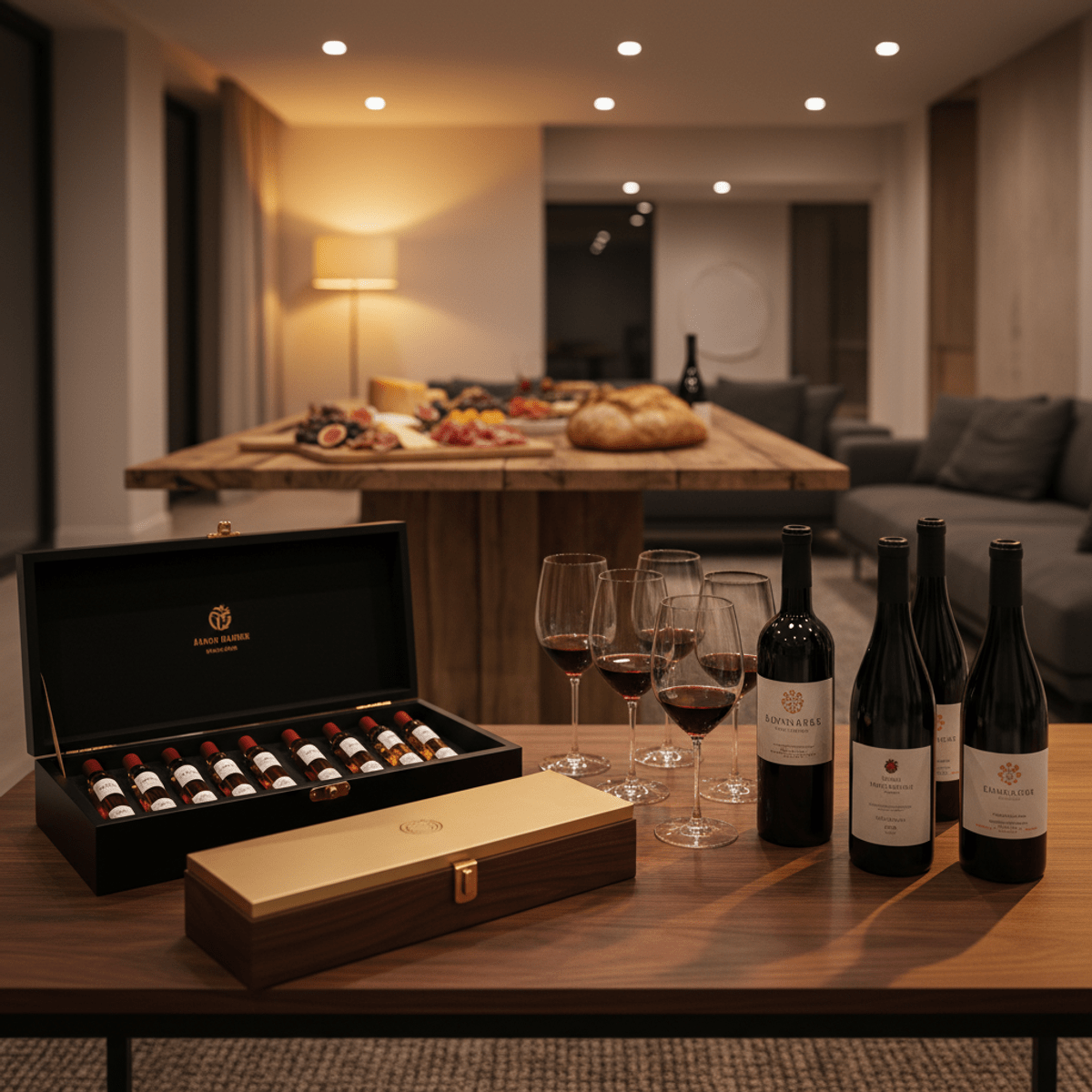 Luxurious wine tasting setup with aroma kit, charcuterie, and elegant bottles.