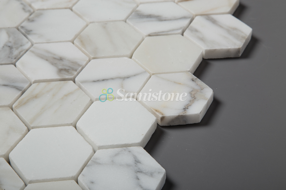 2" Calacatta Gold Polished Honed White Marble Hexagon Mosaic Tile