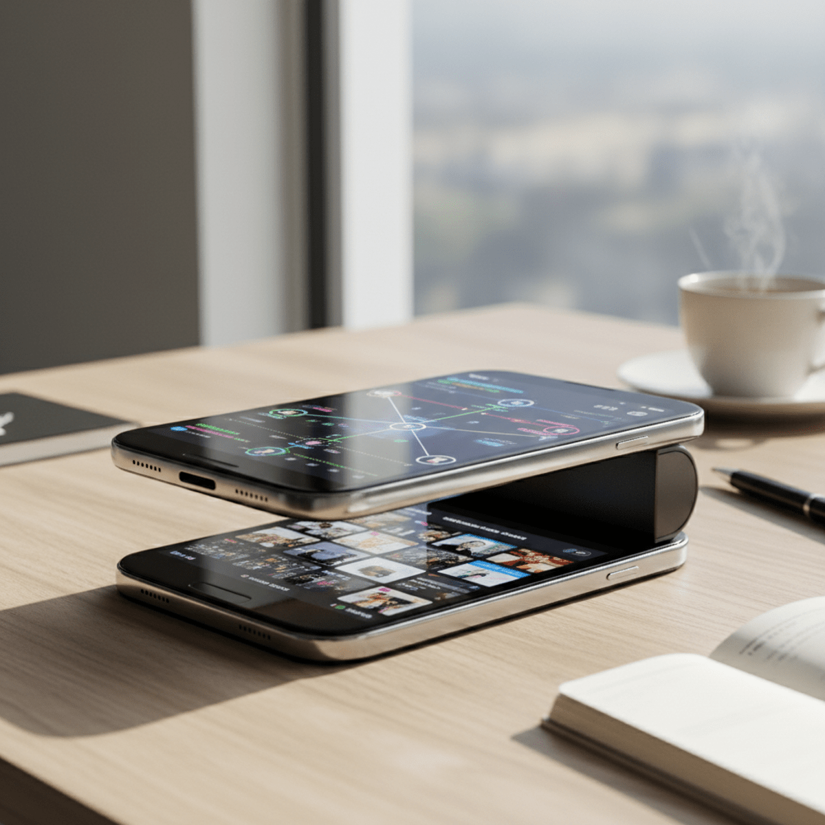 Advanced slider phone concept with dual illuminated screens in a lifestyle setting.