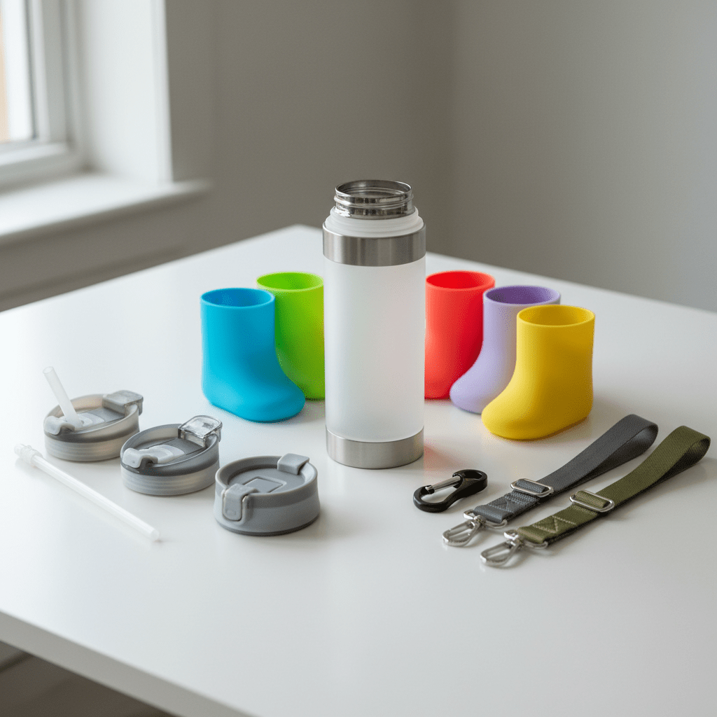 Futuristic modular water bottle system with vibrant silicone boots and multiple lid options.