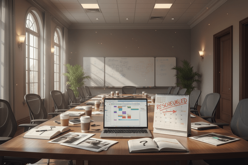 Wide shot of organized meeting materials under ambient light, hinting at workforce realignment without recognizable branding or figures