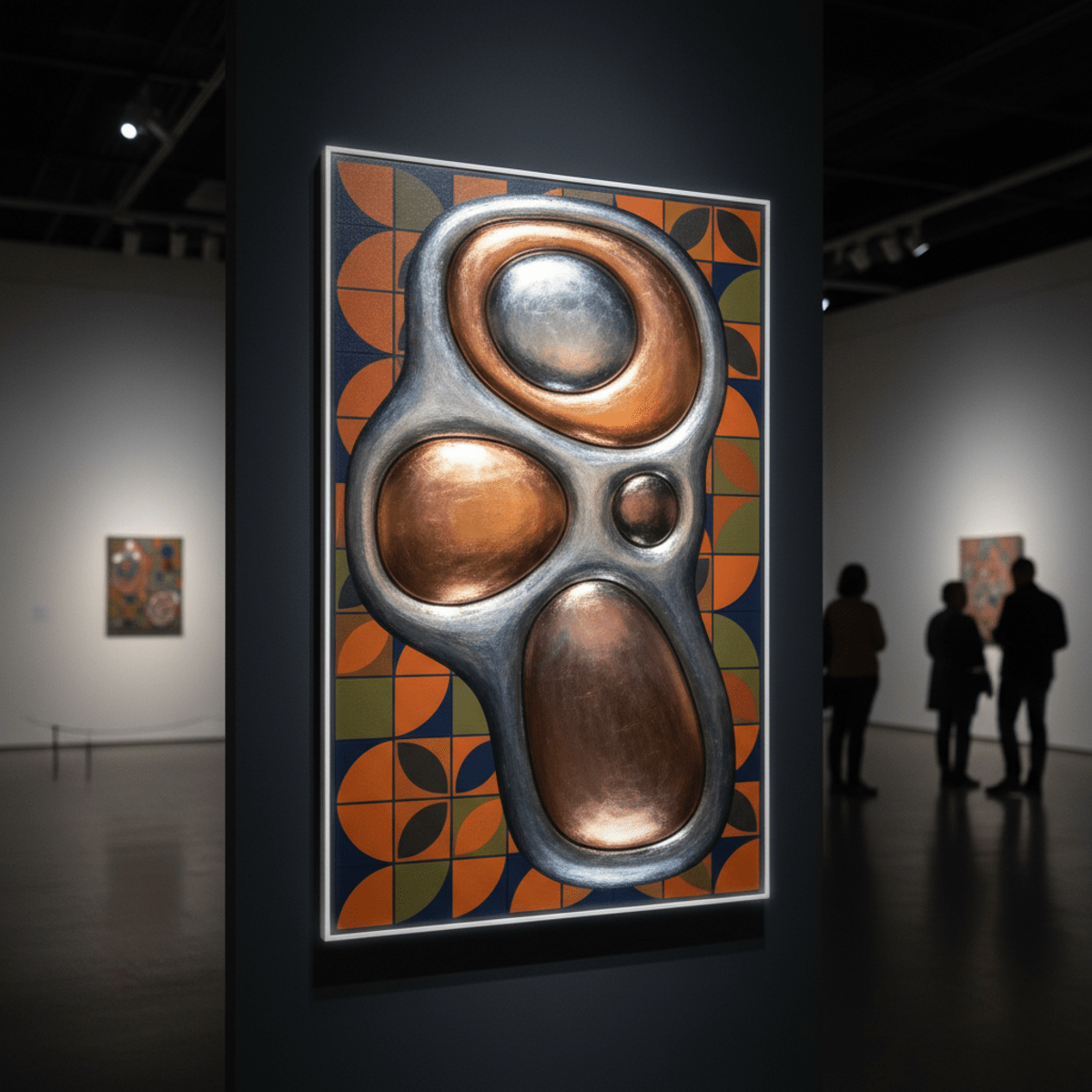 Abstract art with organic rounded forms and metallic sheens in warm tones.