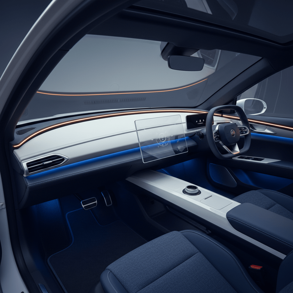 Radically simplified car cockpit with ambient LED lighting and smooth curved surfaces.