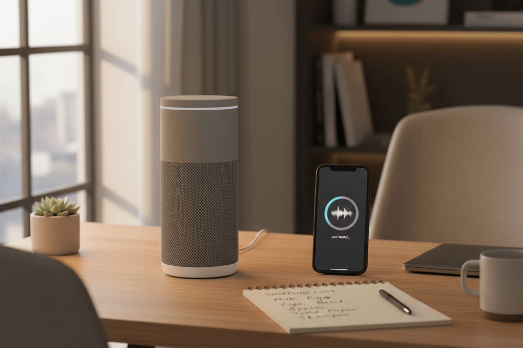Modern home office setup showcasing a smart speaker and notepad reflecting advancements in AI-driven voice interactions