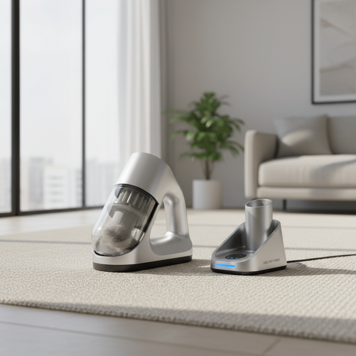 Futuristic handheld carpet cleaner with docking base Sleek futuristic handheld carpet cleaner on a light beige carpet.
