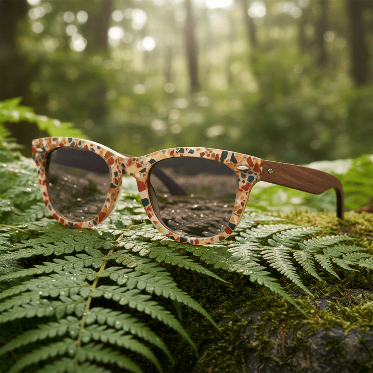 Close-up of wayfarer sunglasses with terrazzo pattern and wood temples.