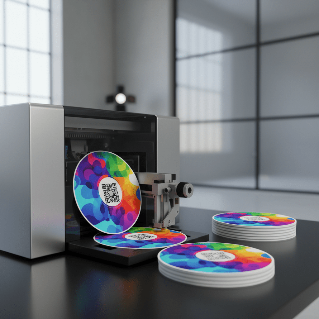 Modern CD printer creating vibrant album artwork with embedded QR codes on glossy discs.
