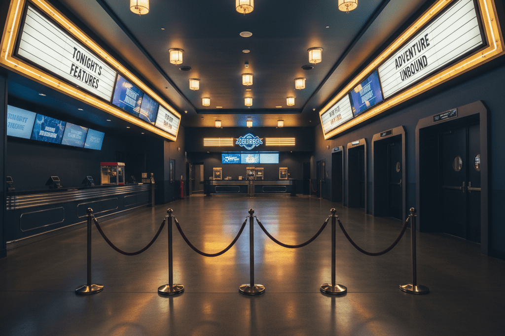 Empty cinema lobby with glowing marquee lights and digital screens hinting at a strategic blockbuster launch