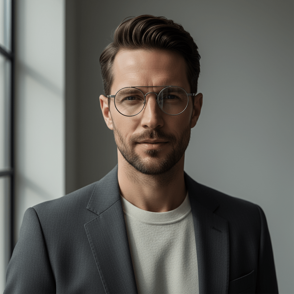 Man wearing ultra-lightweight titanium wireframe glasses with round lenses and gunmetal finish.