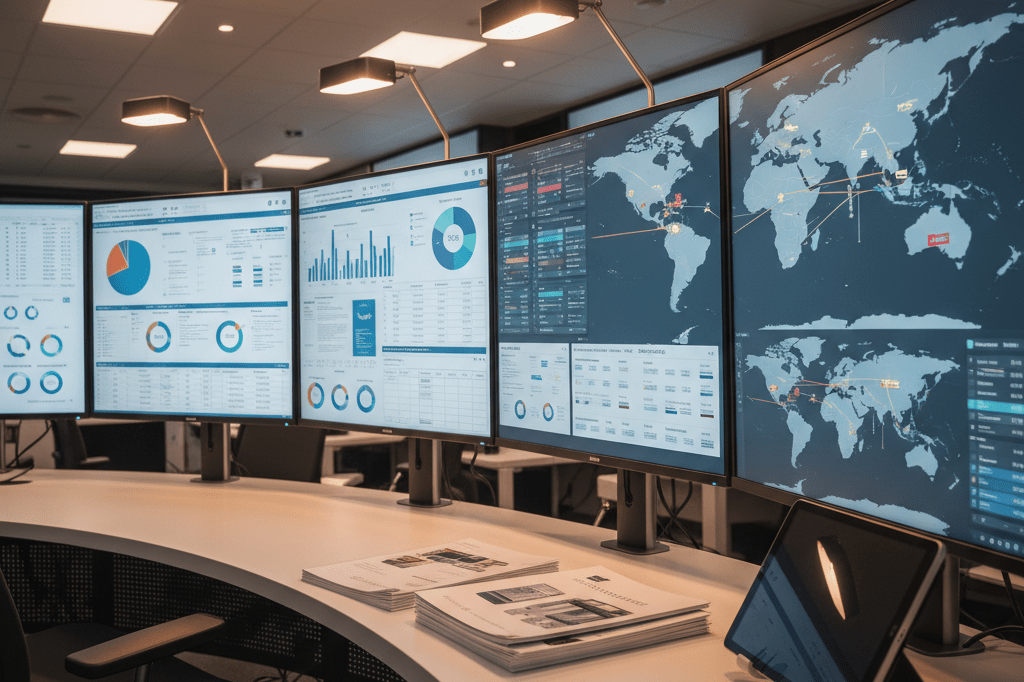 Organized desk with procurement data displays and medical supply materials under warm ambient lighting, representing healthcare supply chain transformation