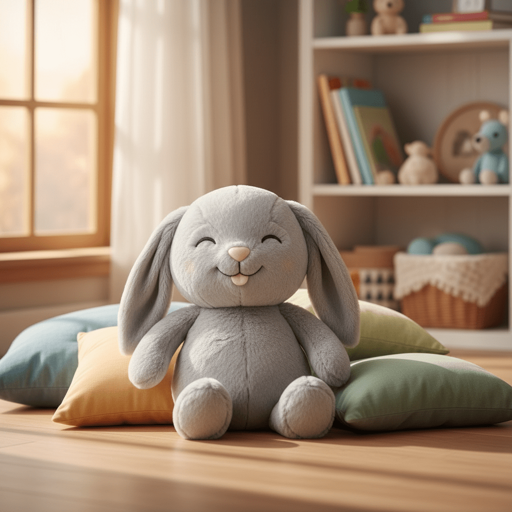 Velvety gray bunny plush with embroidered face in a child's bedroom.