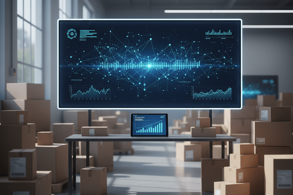 Empty warehouse desk with data screens and tablet under natural light, representing smart supply chain automation