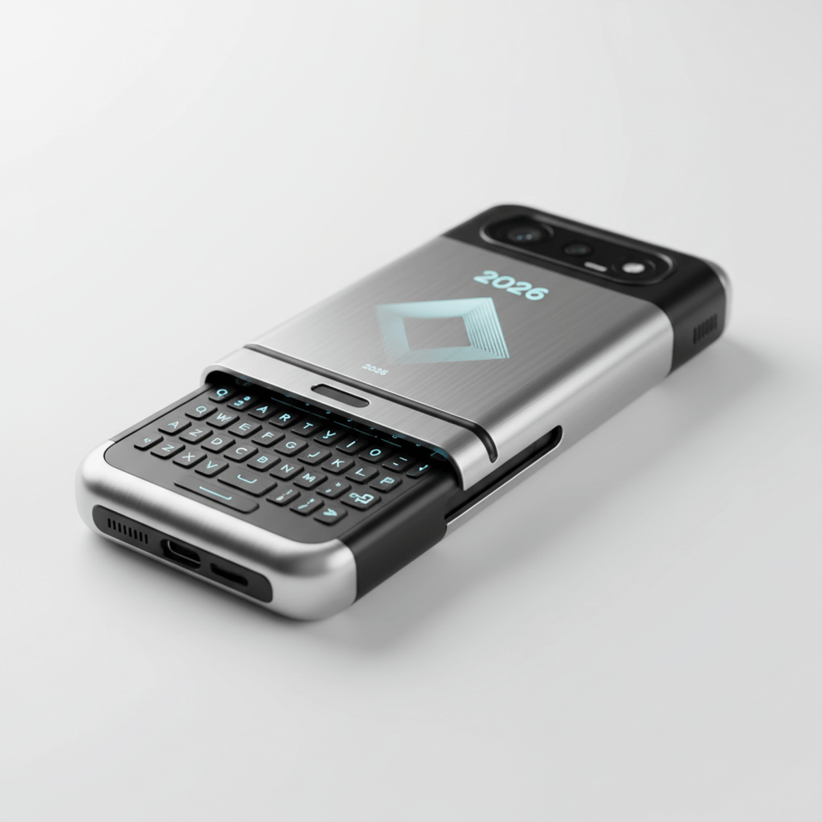 Retro phone with slide-out QWERTY keyboard, brushed aluminum and matte black.