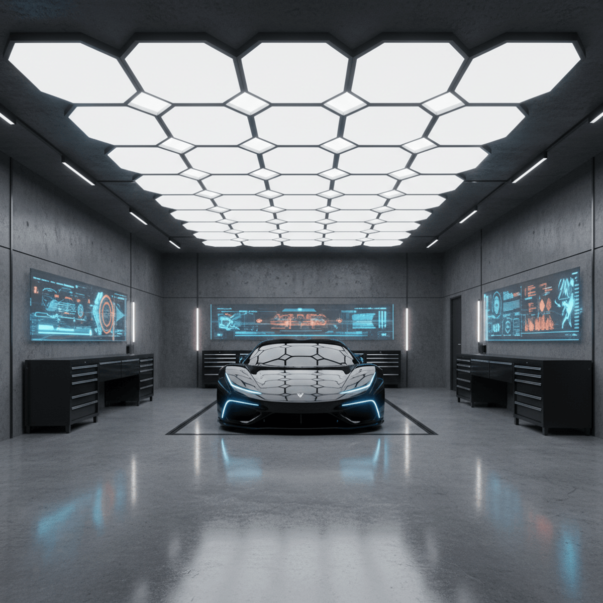Modern garage with hexagonal ceiling lights illuminating a polished sports car on a concrete floor.