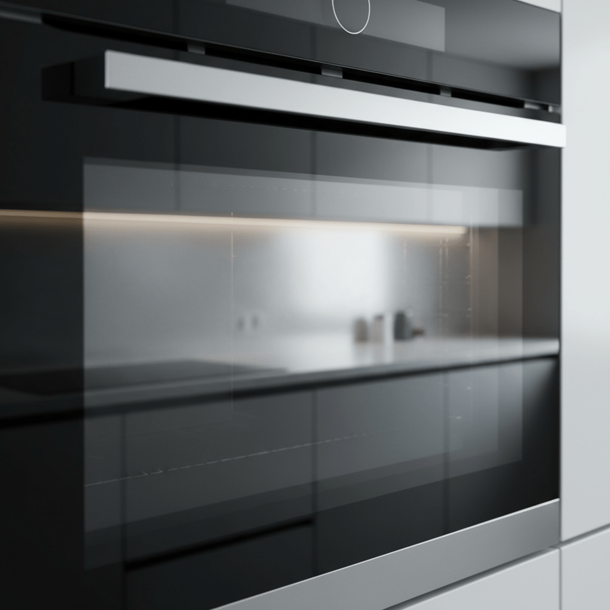 Seamless black glass electric oven with a mirror-like surface, no visible controls.