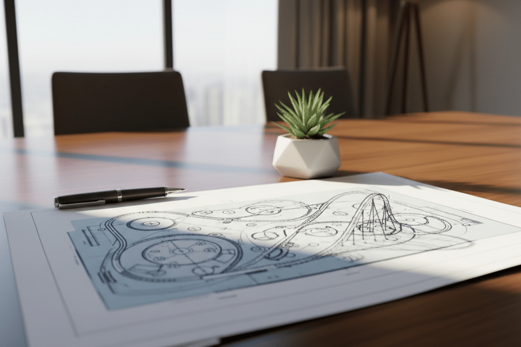 Architectural blueprint for amusement park acquisition strategy Detailed amusement park blueprint on table with pen, symbolizing real estate investment and tourism planning