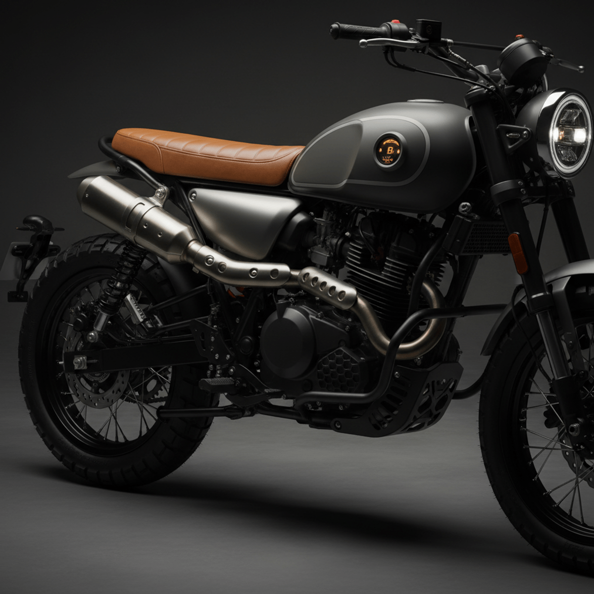 Neo-retro scrambler motorcycle details: leather seat and wire wheels. Close-up of a neo-retro scrambler motorcycle showcasing its tan leather seat and wire wheels.