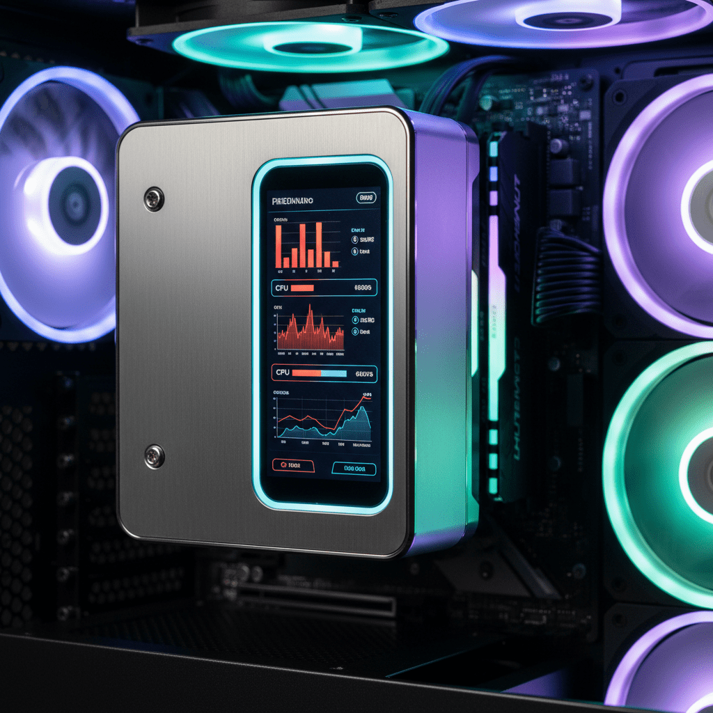 Futuristic CPU cooler with screen showing vibrant performance analytics and graphs.