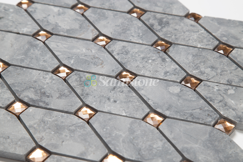 Samistone Babylon Grey Diamond Mirror Glass Long Octagon Marble Mosaic Tiles