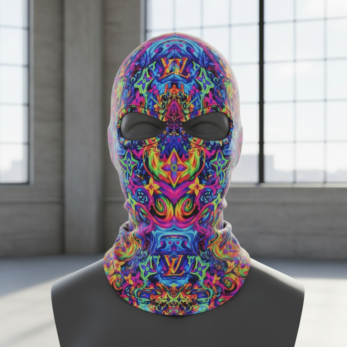Vibrant graphic shiesty mask with abstract patterns and symbols on a mannequin bust.