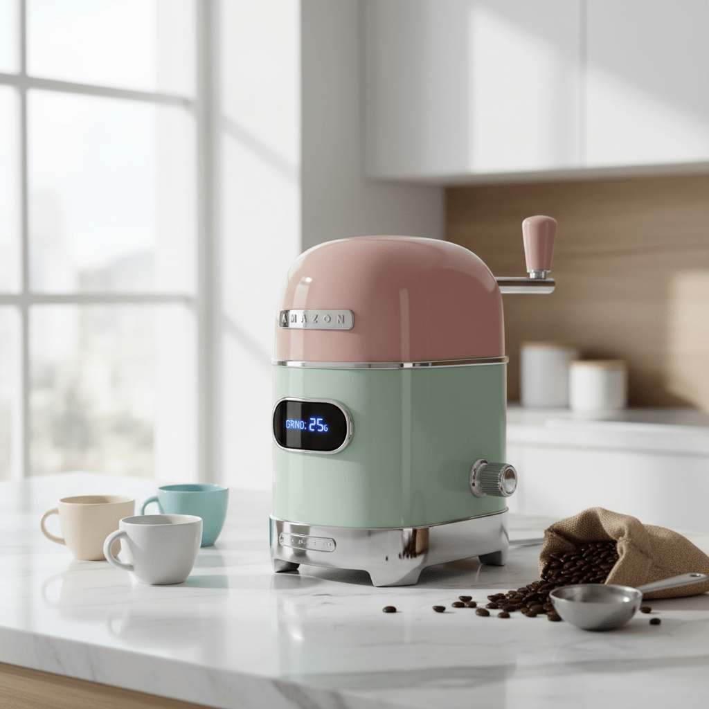 Retro-futuristic coffee grinder in pastel sage mint and dusty rose on marble.