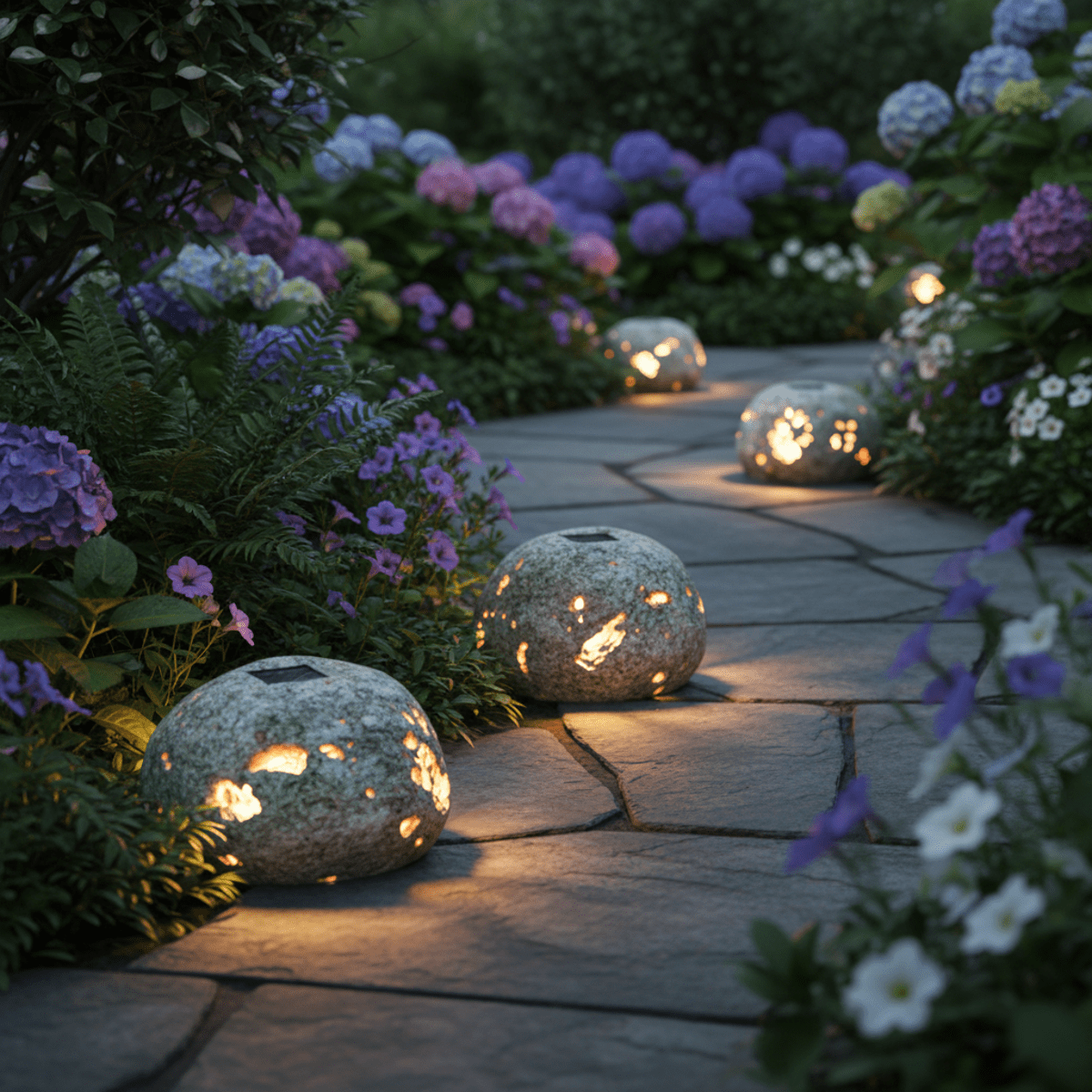 Solar pathway lights disguised as realistic river stones glow warmly at dusk.