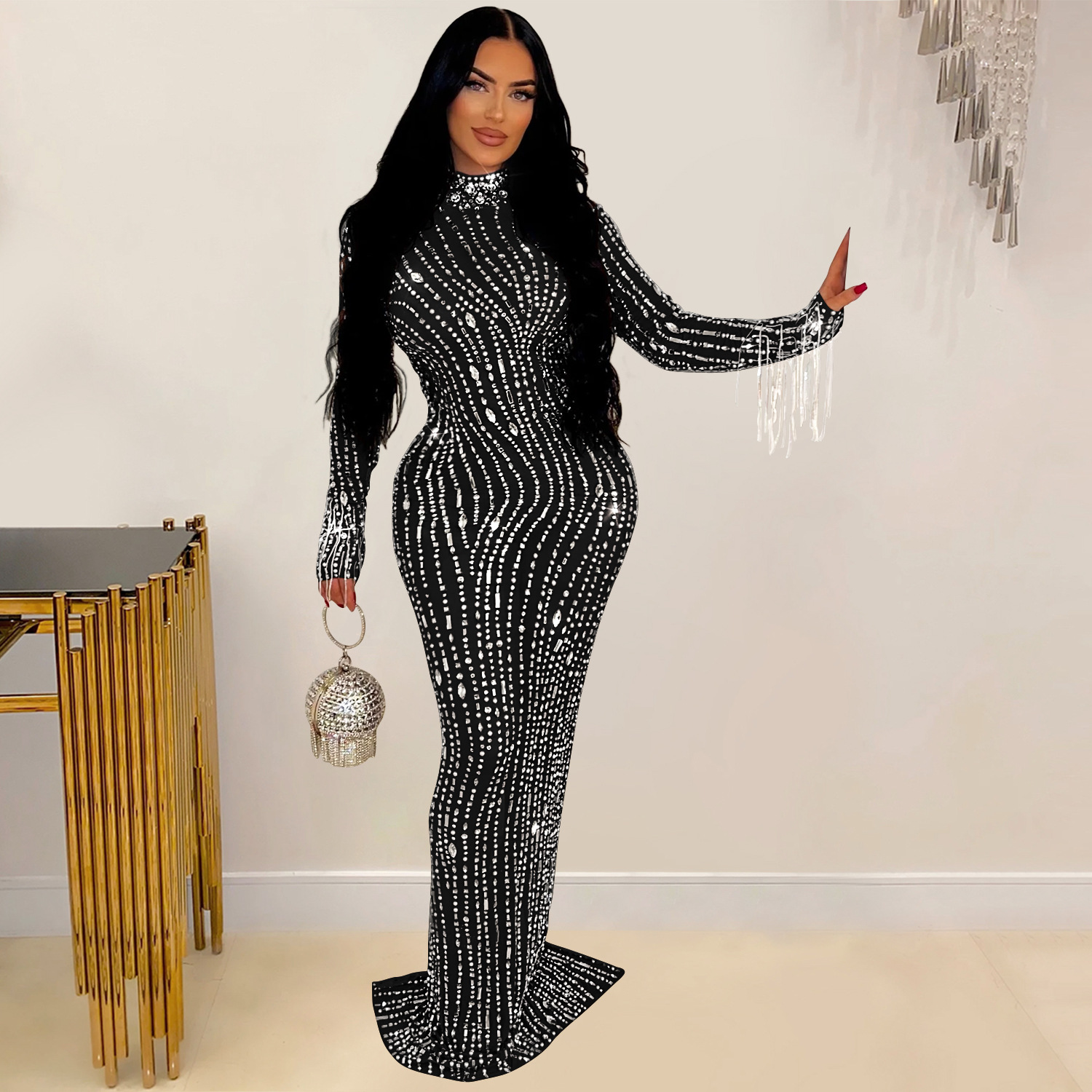C6919 Women's Solid Color Mesh Hot Drilling Dress European American Fashion Long Independent Station For Amazon Party Front C6919 Women's Solid Color Mesh Hot Drilling Dress European American Fashion Long Independent Station For Amazon Party Front