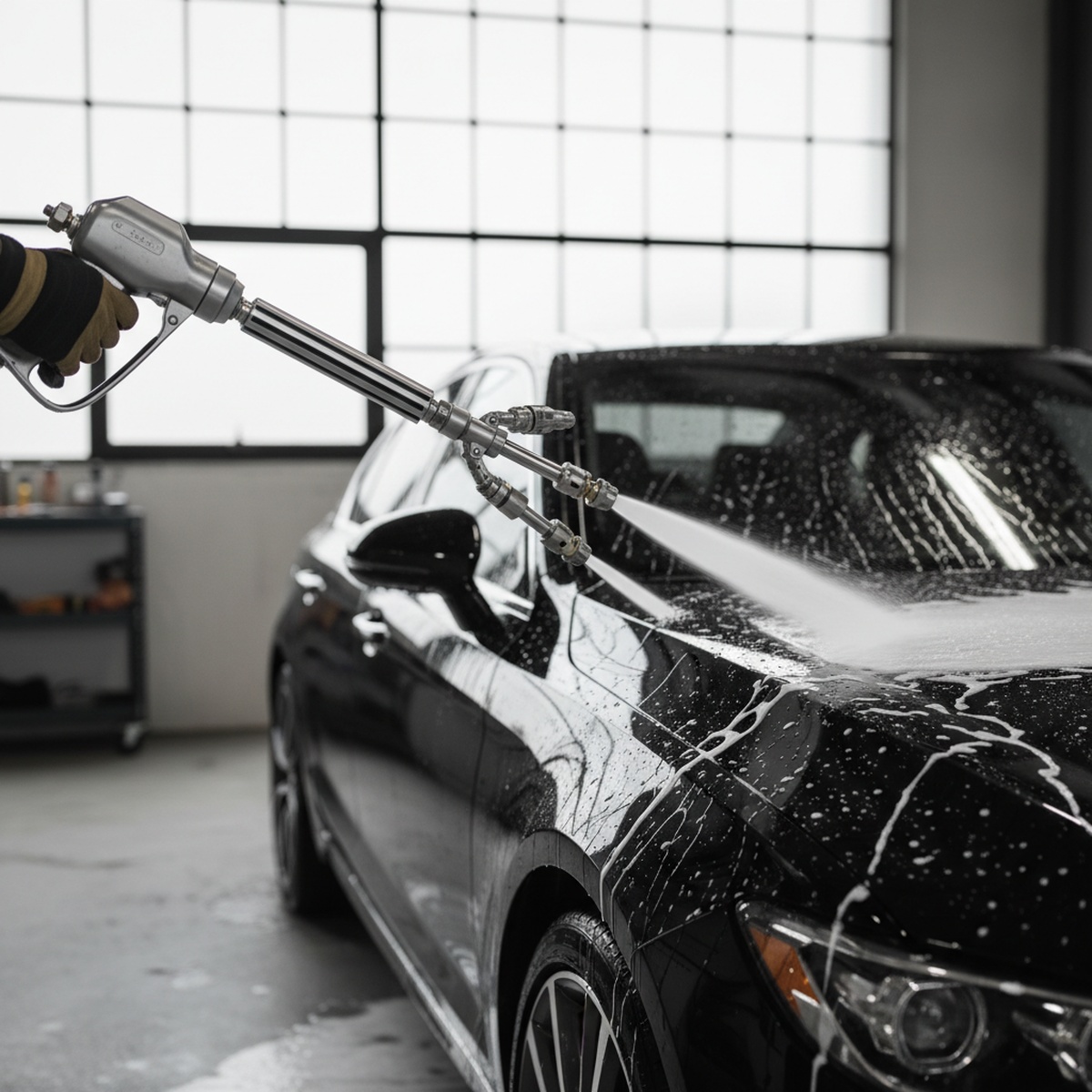 Professional pressure washer cleaning a glossy black sedan with multi-pattern water spray.