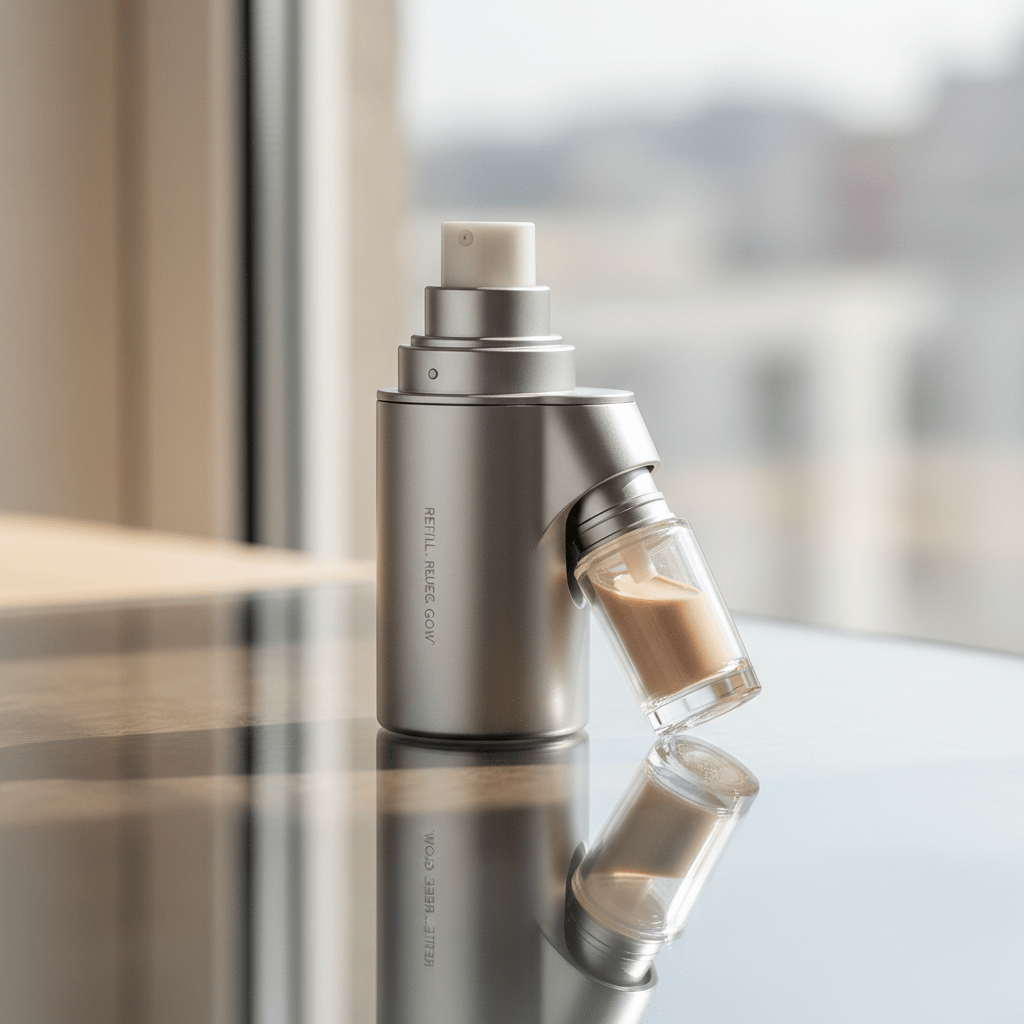 Sleek Korean CC cream refillable system with brushed aluminum casing on a reflective surface.