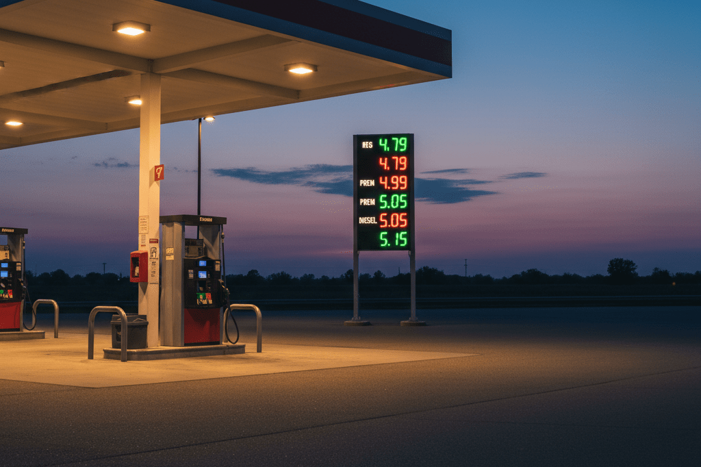 Independent fuel station with glowing price sign under twilight skies, symbolizing economic challenges faced by small businesses