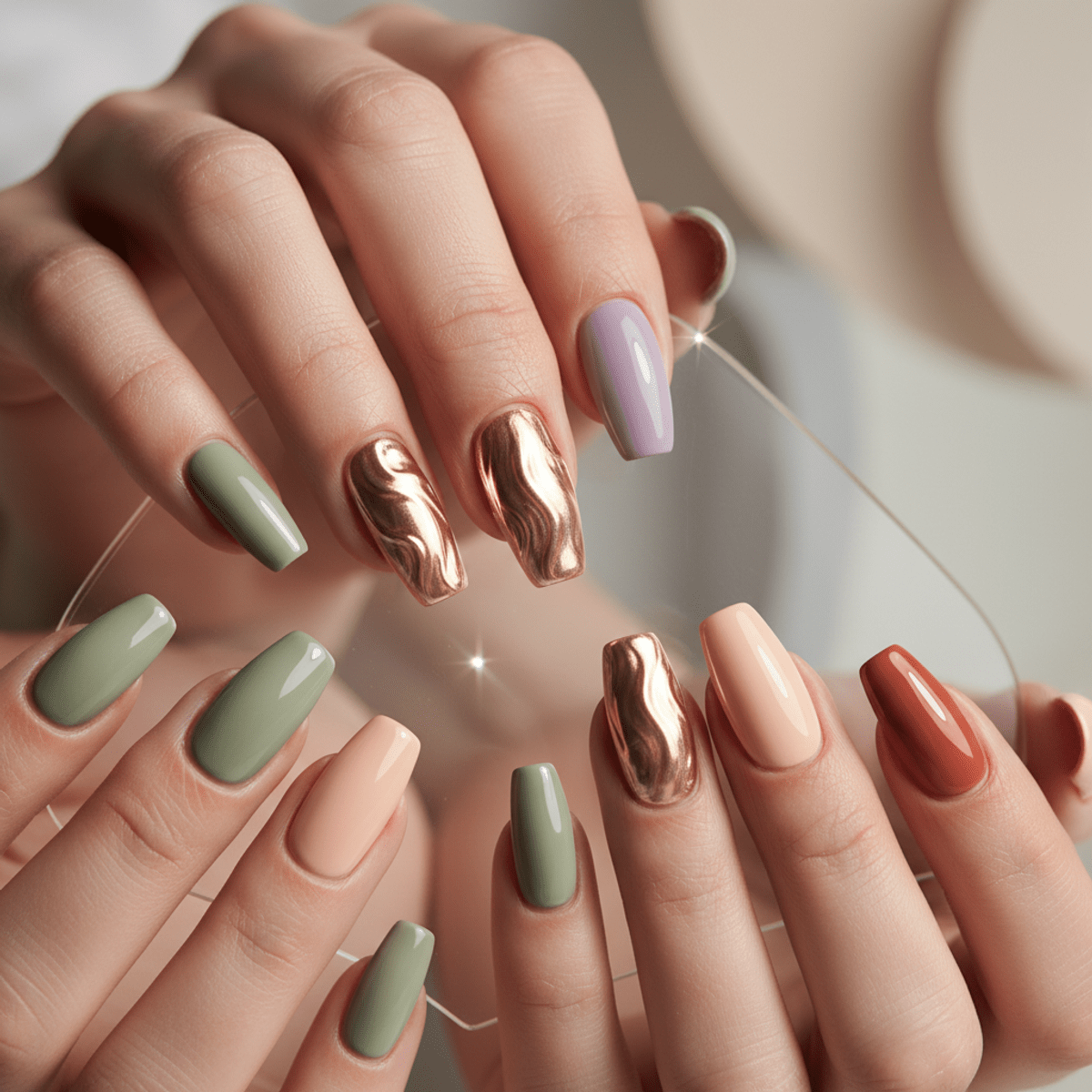 Molten chrome accent nails in gold and rose gold on a glass surface.