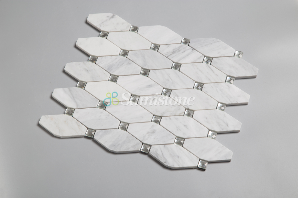 Samistone Popular Carrara Natural Stone Mix Glass Octagon White Marble Mosaic Backsplash Tiles for Kitchen