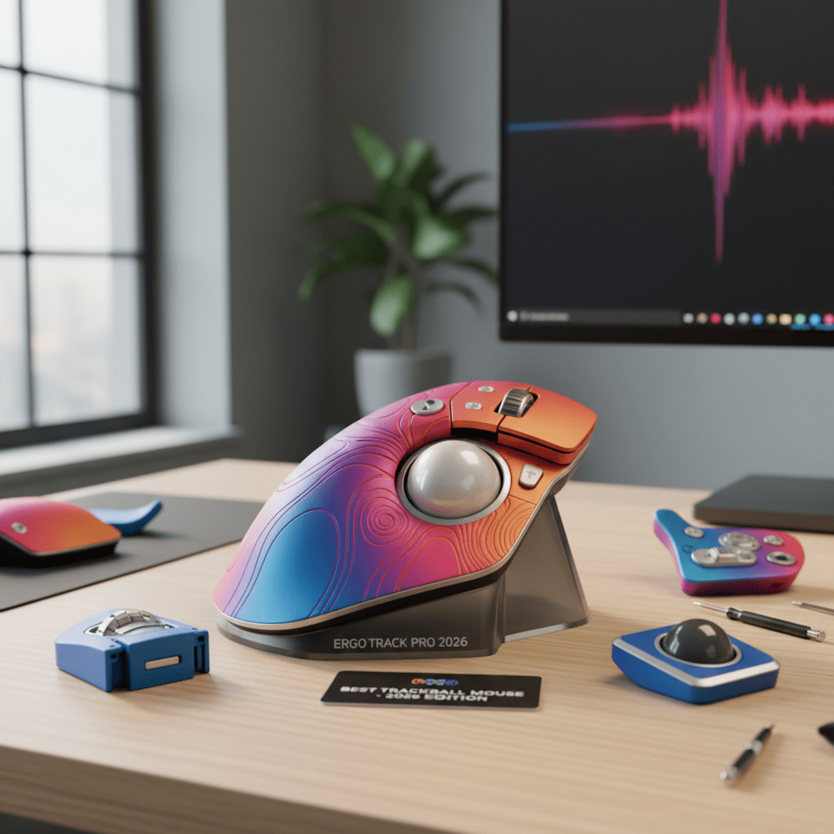 Ergonomic modular trackball mouse with 3D-printed shell in bold gradient colors.