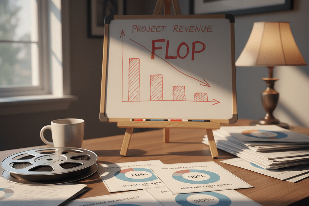Cluttered desk with low rating scorecards and flop charts under natural light symbolizing marketing miscalculation